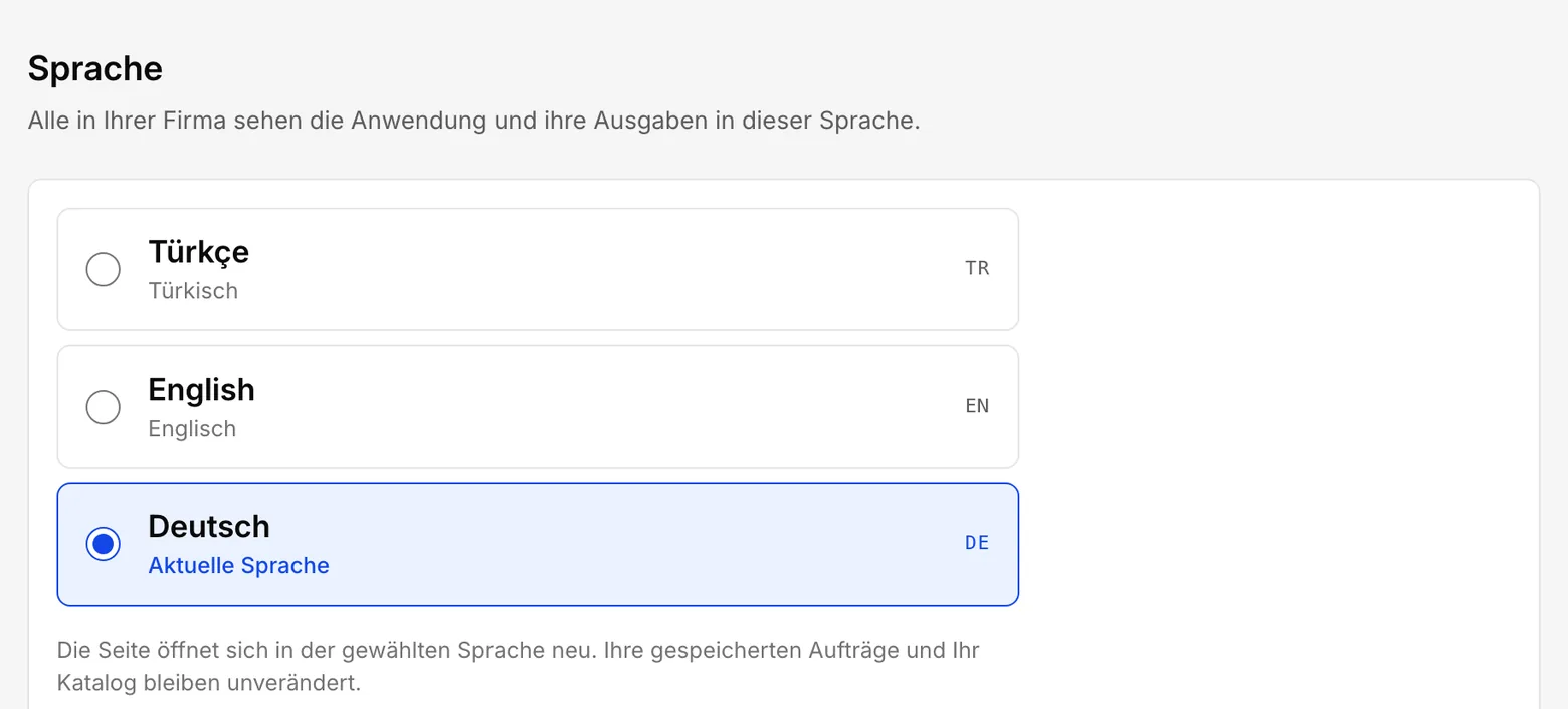 Einstellungen, Bereich Sprache: die Möglichkeiten Türkçe, English und Deutsch, Deutsch ist gewählt