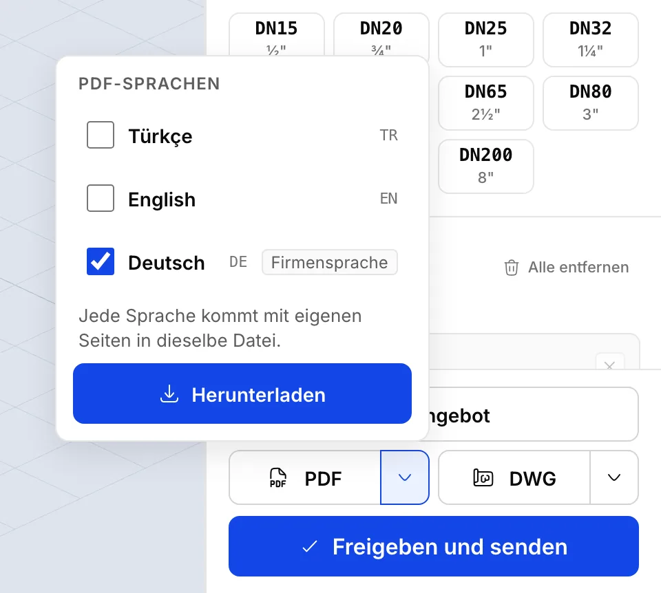 Der Pfeil neben der Schaltfläche PDF ist geöffnet: unter PDF-Sprachen Kästchen für Türkçe, English und Deutsch, Deutsch angekreuzt und als Firmensprache markiert, darunter die Schaltfläche Herunterladen