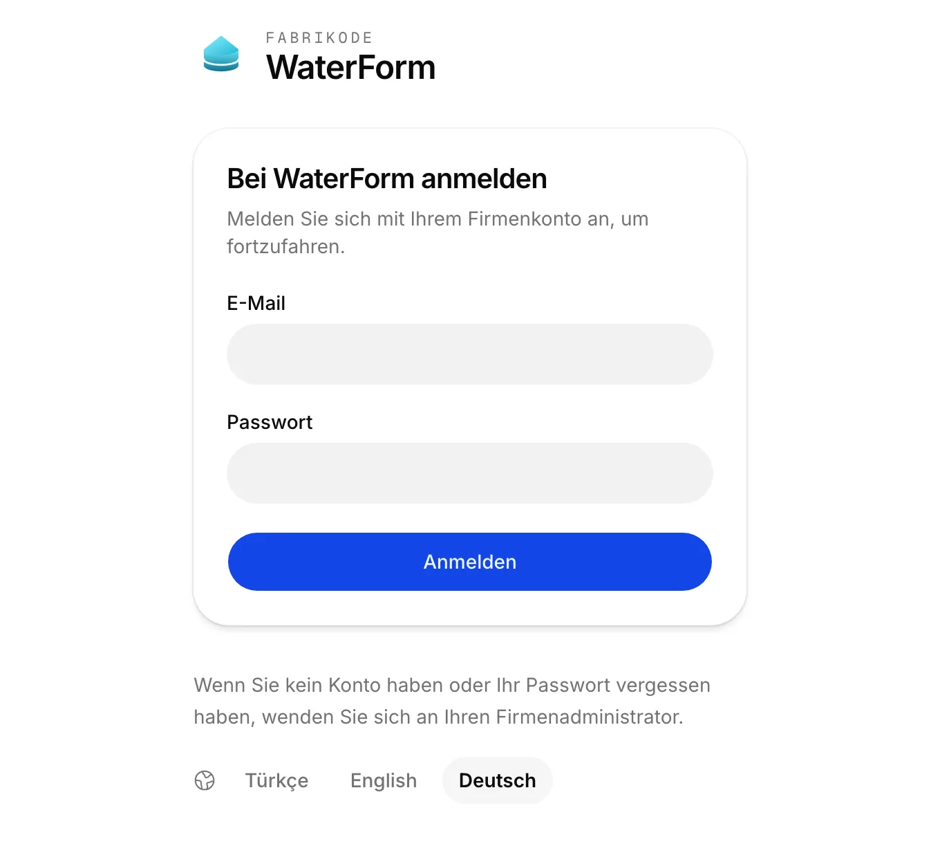 Die Anmeldeseite von WaterForm auf dem eigenen Server der Firma: die Felder E-Mail und Passwort