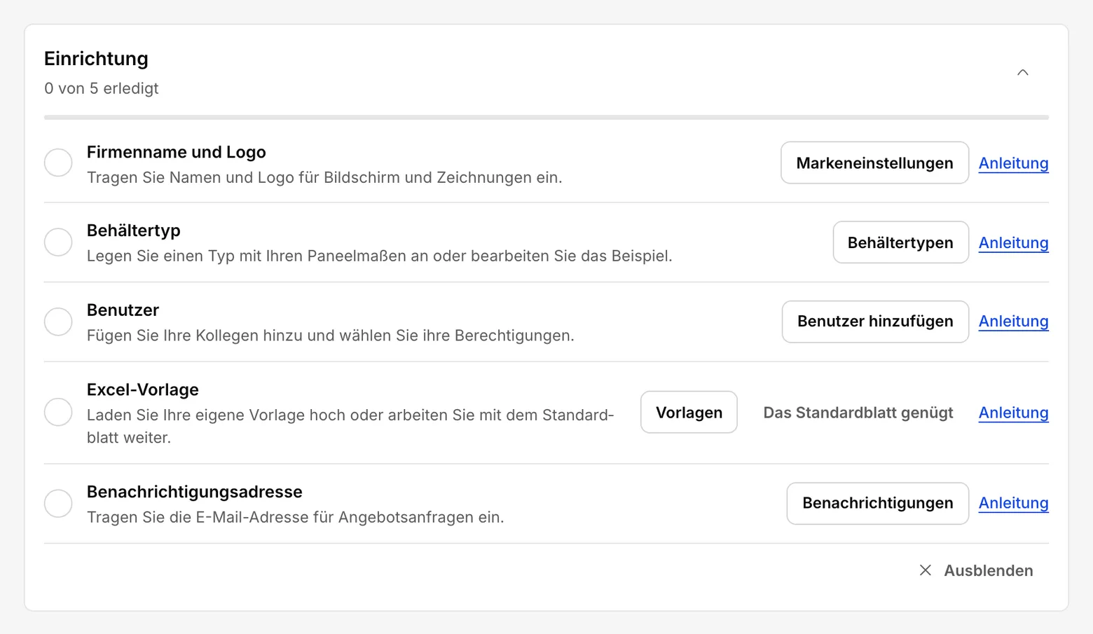 Die Einrichtungskarte, 0 von 5 erledigt: die Zeilen Firmenname und Logo, Behältertyp, Benutzer, Excel-Vorlage und Benachrichtigungsadresse, jeweils mit einer Schaltfläche und dem Link Anleitung