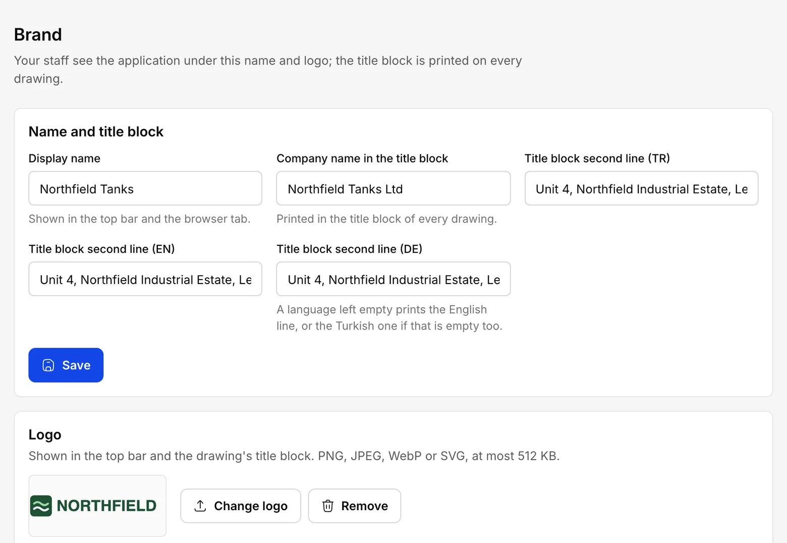 Settings, Brand section: the Name and title block card with the Display name, Company name in the title block and the three title block second line fields, and the Logo card with an uploaded logo below