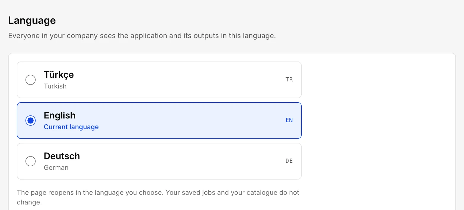 Settings, Language section: the Türkçe, English and Deutsch choices, with English selected