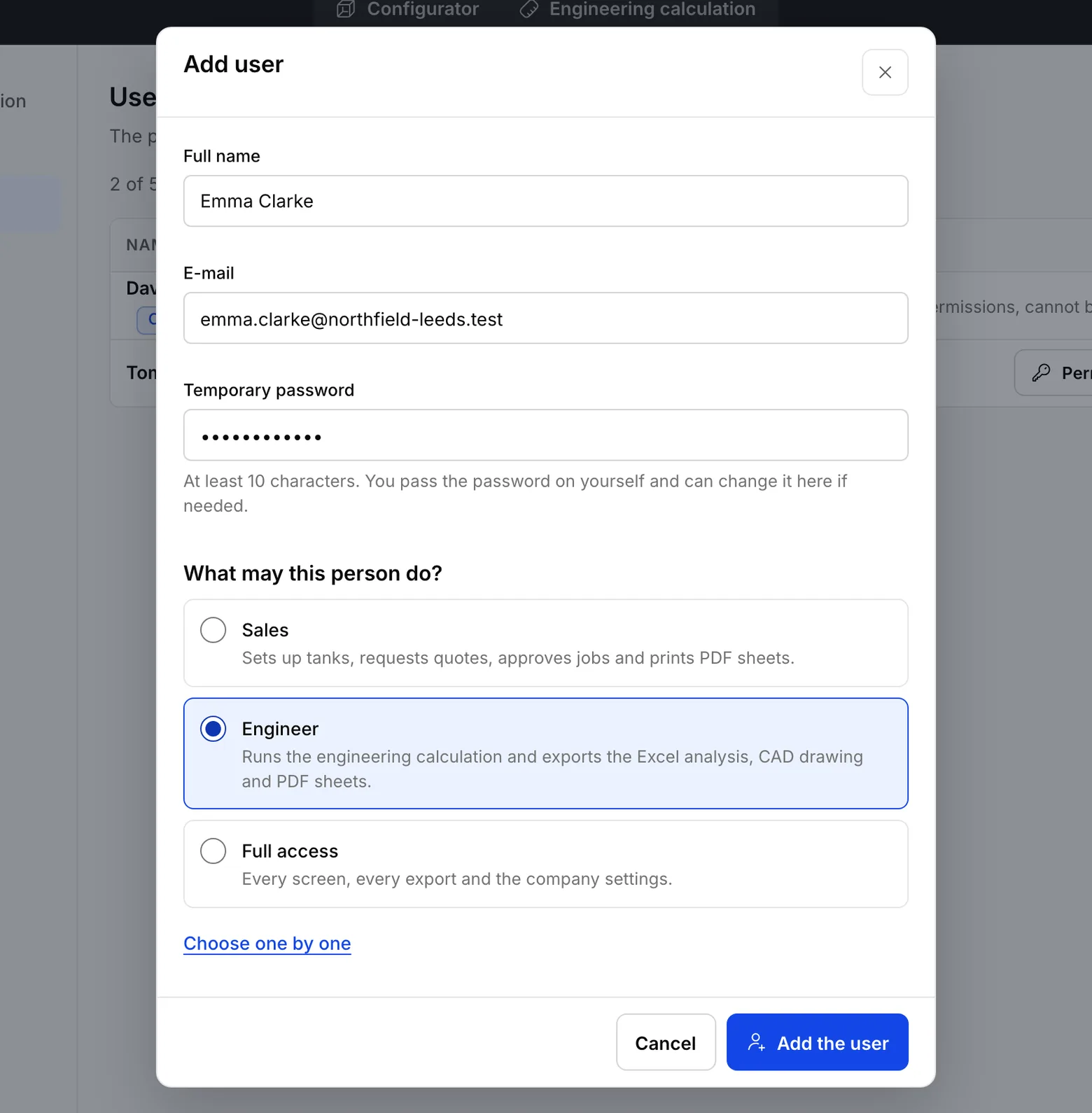 The Add user window: the Full name, E-mail and Temporary password fields, with the Sales, Engineer and Full access roles below
