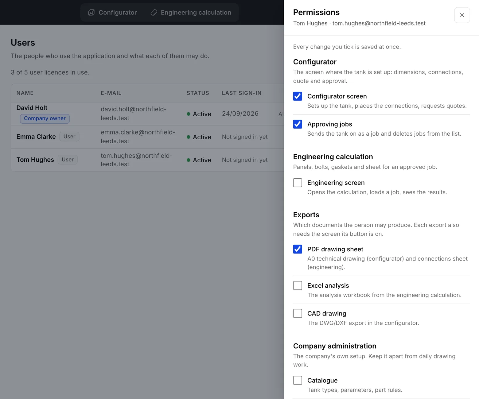 The permission sheet: tick boxes under the Configurator, Engineering calculation, Exports and Company administration headings