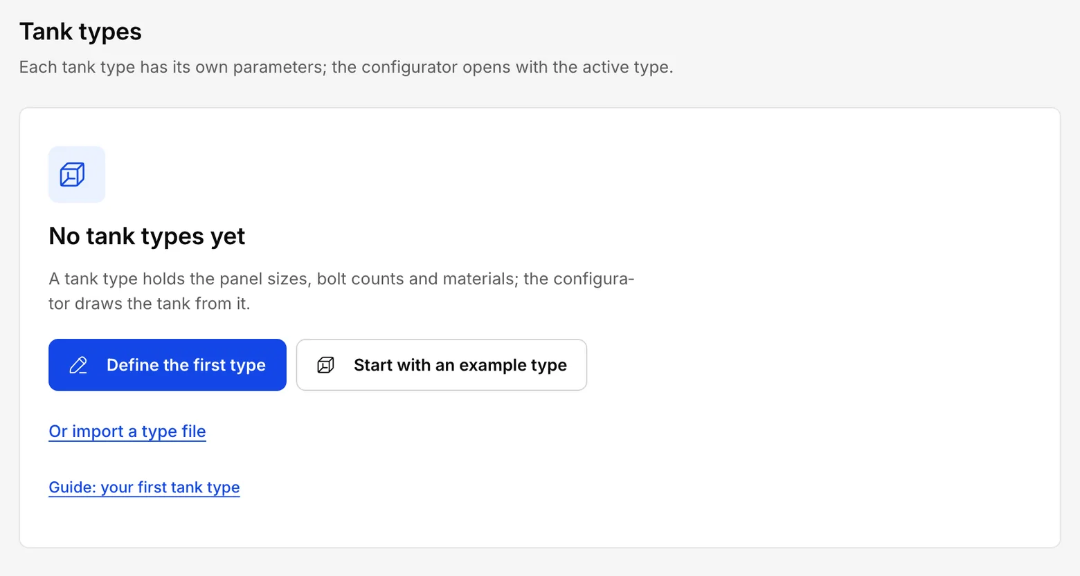 The Tank types section in a new company: no types, with the Define the first type and Start with an example type buttons