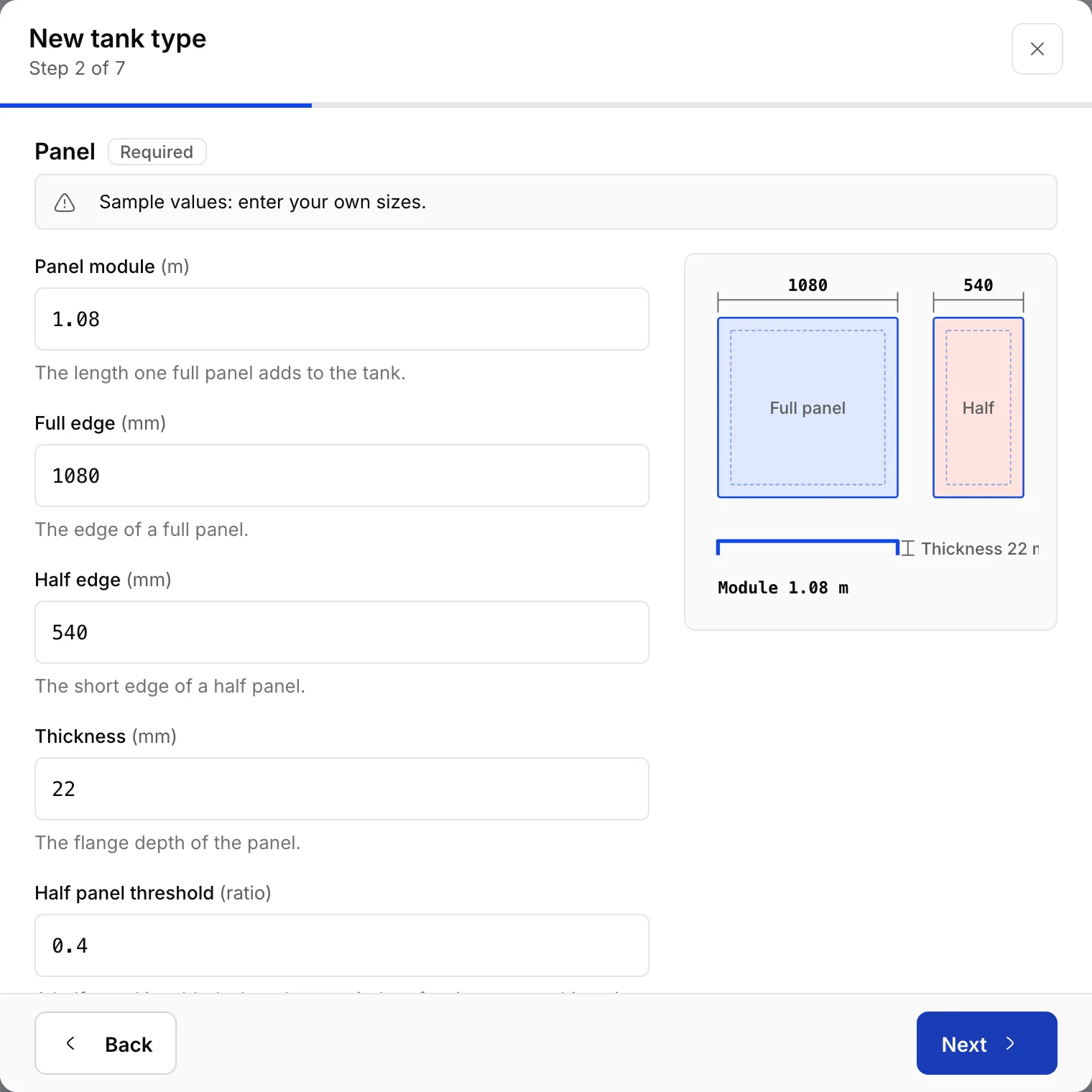 The wizard's Panel step, Step 2 of 7: the Panel module, Full edge, Half edge, Thickness and Half panel threshold fields, with a drawing of a full and a half panel beside them
