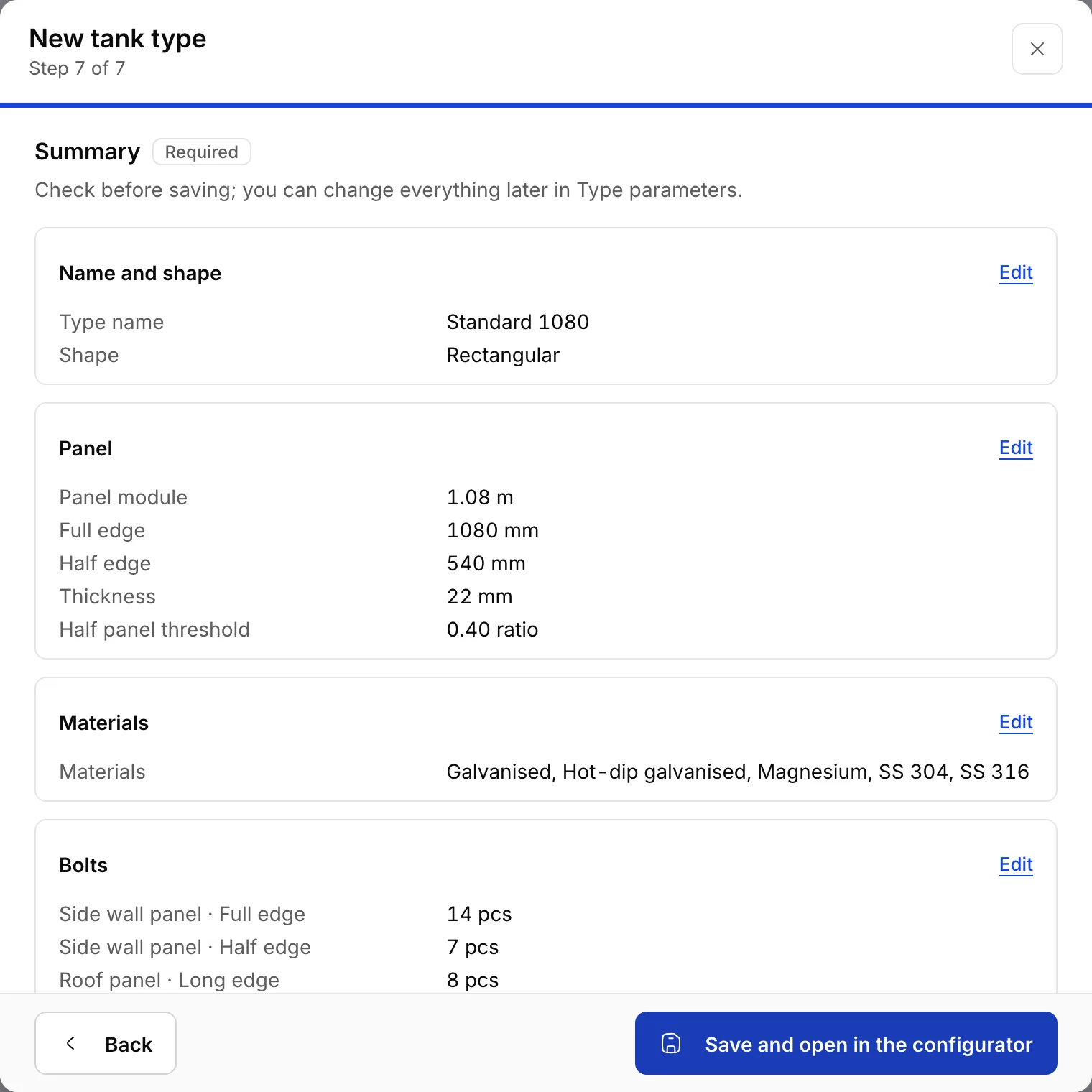 The wizard's Summary step, Step 7 of 7: type name and shape, panel measurements, materials, bolt counts and the Save and open in the configurator button