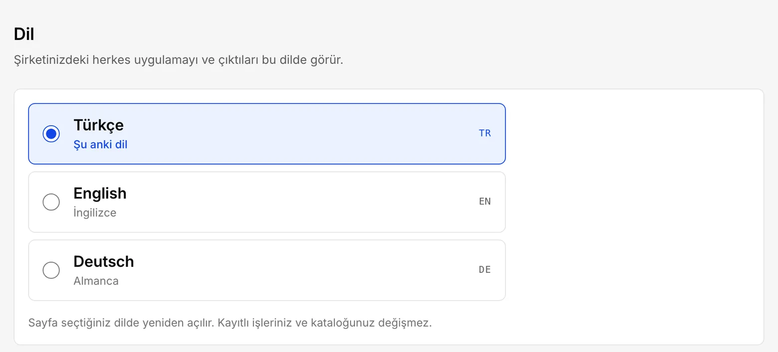 Ayarlar, Dil bölümü: Türkçe, English ve Deutsch seçenekleri, Türkçe işaretli