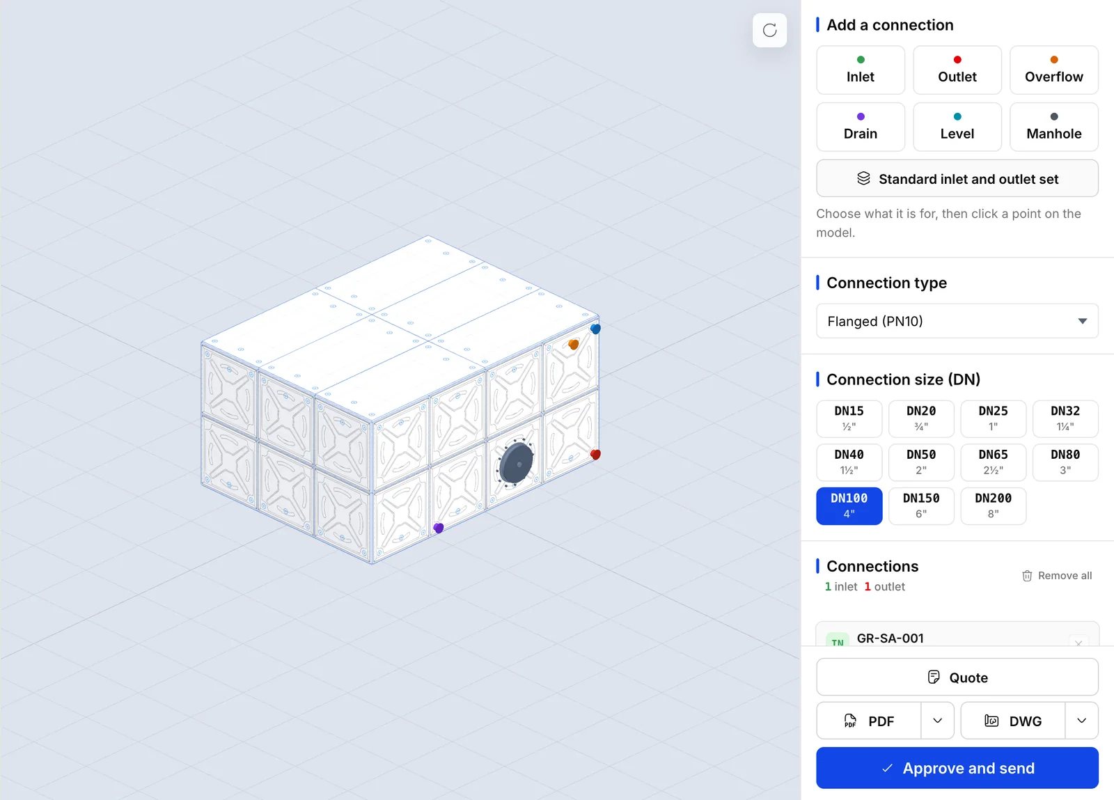 The WaterForm configurator: a bolted panel tank four panels long, three wide and two high, with an inlet, an outlet, an overflow, a drain and a manhole on its long side, and beside it the connection types, the connection sizes, and the Quote, PDF, DWG and Approve and send buttons