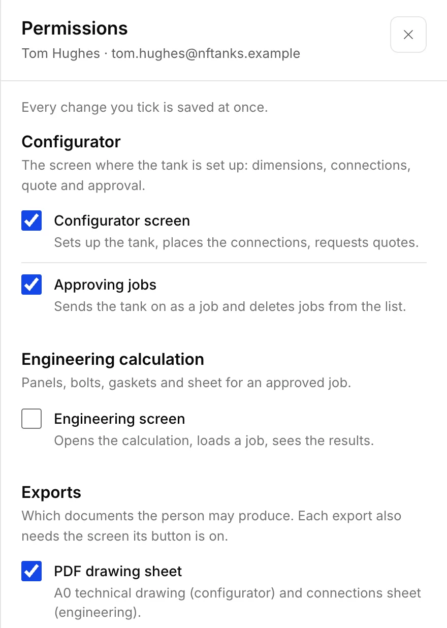 The permission sheet for one colleague: the configurator screen and approving jobs ticked, the engineering screen not, and of the exports only the PDF drawing sheet
