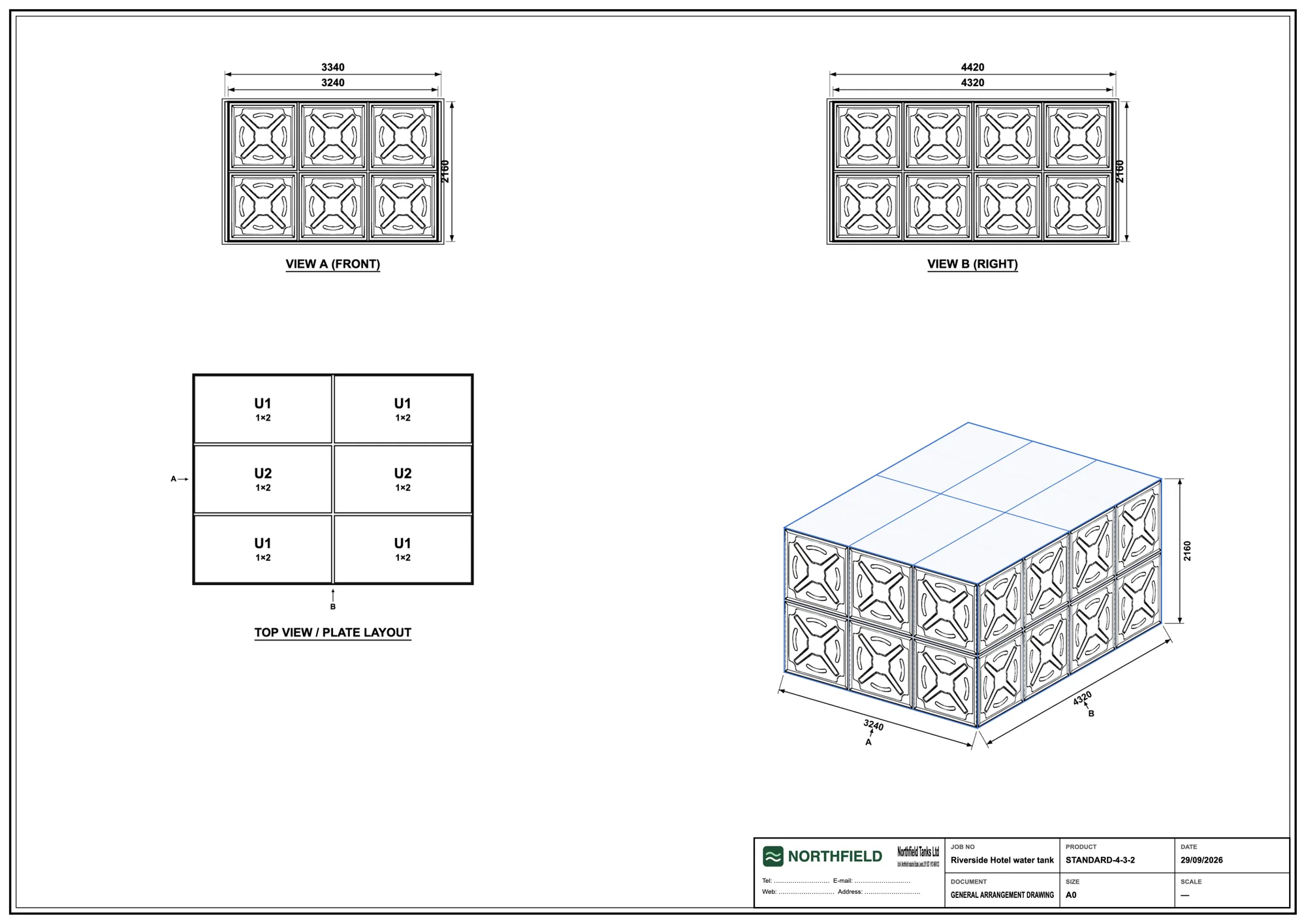 An A0 technical sheet exported from WaterForm in English: the front and right views, the top view with its plate layout, a dimensioned isometric, and the company's title block