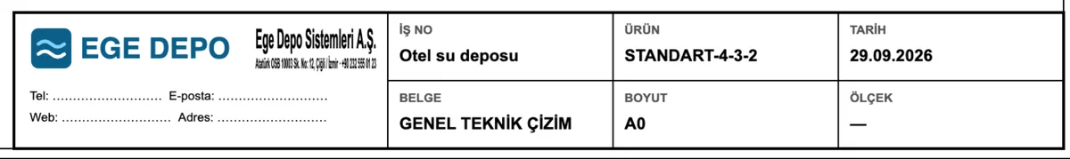 A0 paftanın antet köşesi, yakından: şirketin logosu ve adı, adres satırı, iş, ürün kodu, belge adı, boyut ve tarih. Şirket örnek bir şirkettir.