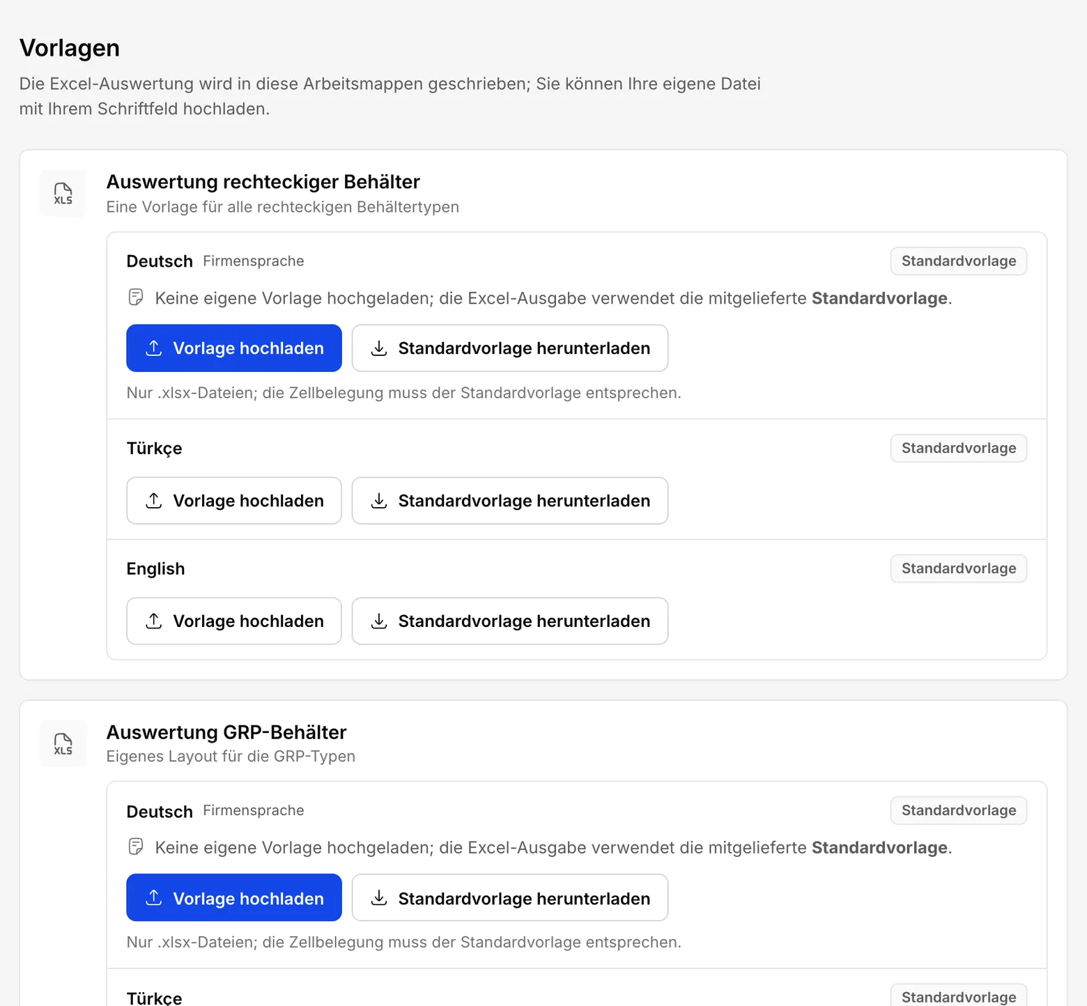 Einstellungen, Bereich Vorlagen: die Karte Auswertung rechteckiger Behälter mit den Plätzen Deutsch (Firmensprache), Türkçe und English, alle mit der Standardvorlage, darunter die Karte Auswertung GRP-Behälter