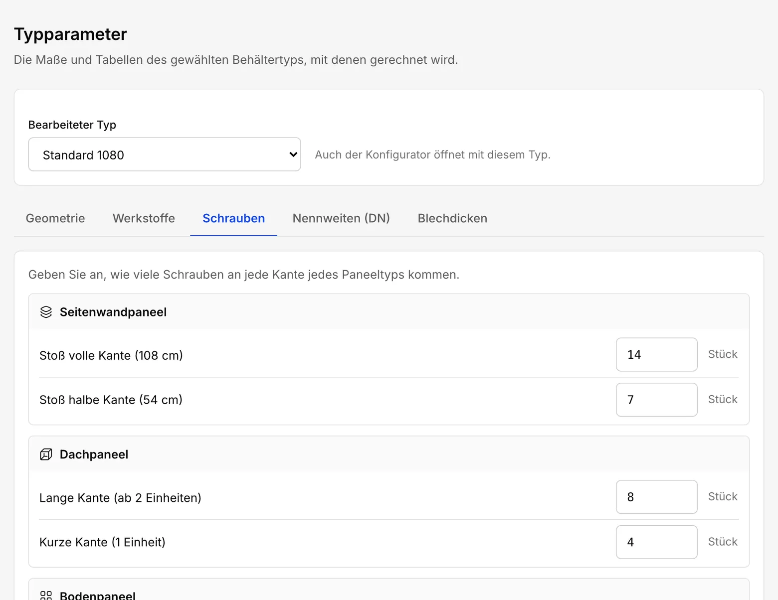Der Reiter Schrauben: die Gruppen Seitenwand-, Dach- und Bodenpaneel mit je zwei Schraubenzahlen