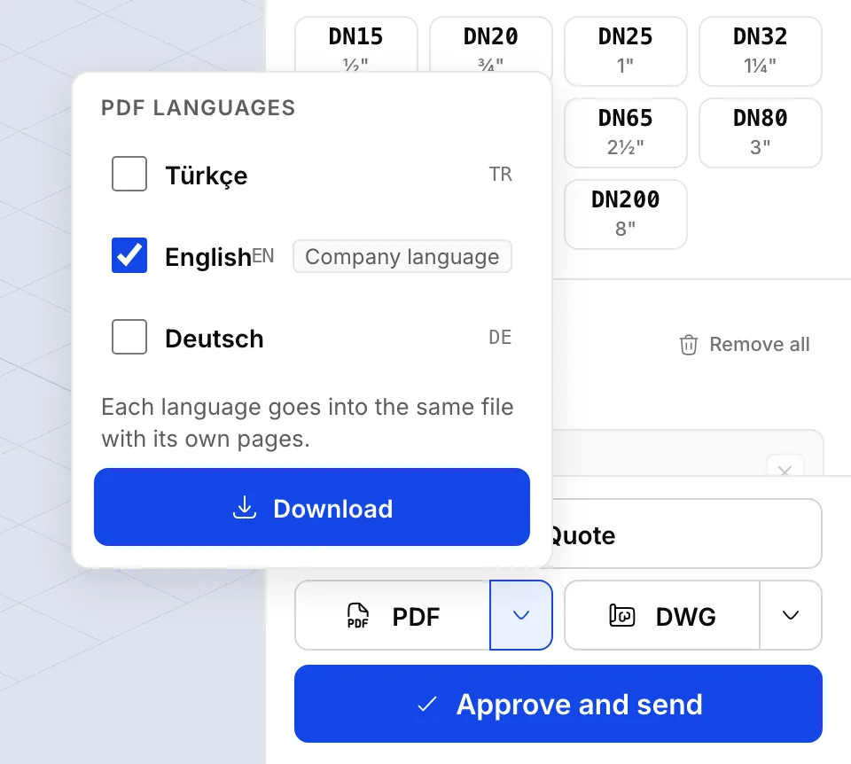 The arrow beside the PDF button opened: under PDF languages, tick boxes for Türkçe, English and Deutsch, English ticked and marked Company language, and the Download button