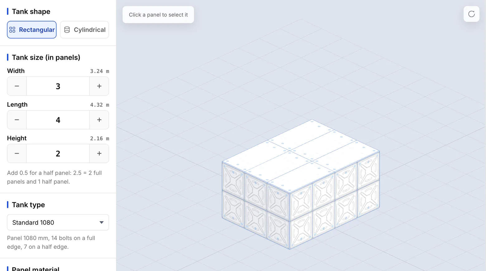 The configurator's left panel: the Tank size (in panels) card with Width 3, Length 4 and Height 2, each with its length in metres, and Tank type below; the tank's model beside it