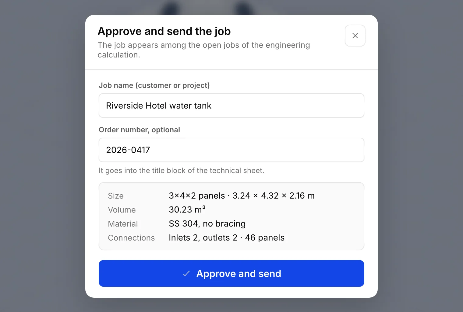 The Approve and send the job window: the Job name and Order number fields, with the tank, material and connections summary below
