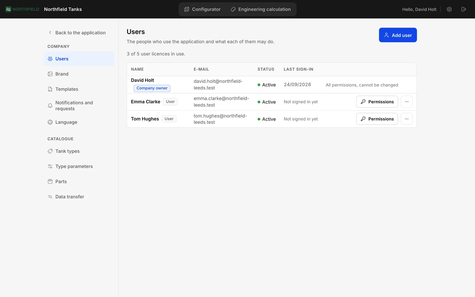 The Settings screen: nine sections under the Company and Catalogue headings on the left, the Users section open on the right
