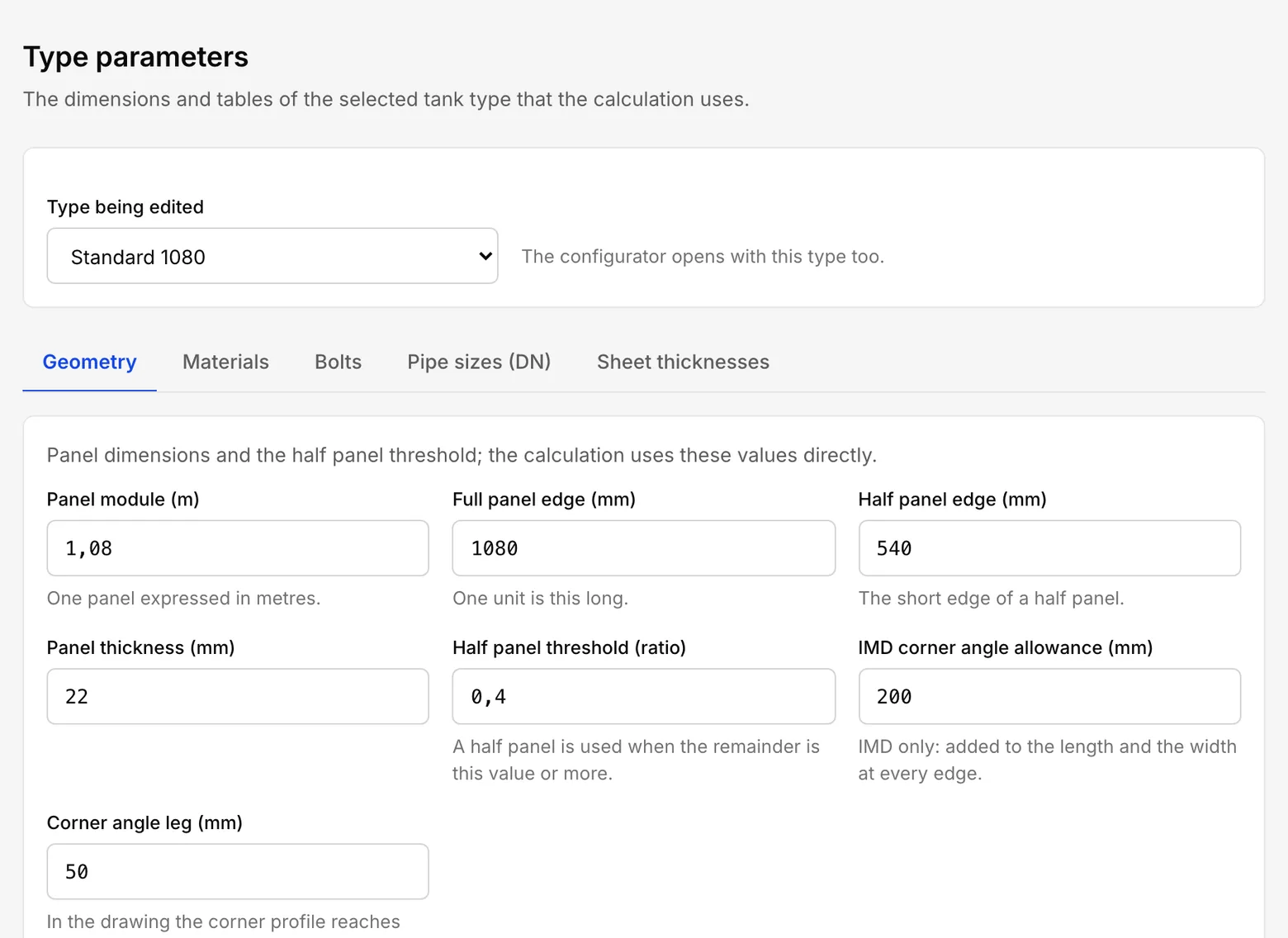 Type parameters: the Type being edited list at the top, with the Geometry, Materials, Bolts, Pipe sizes (DN) and Sheet thicknesses tabs below and the panel measurements on the open Geometry tab