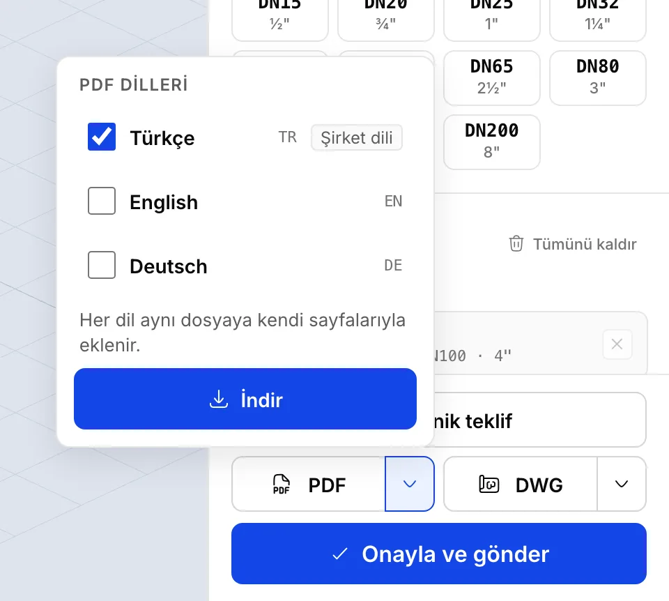 PDF düğmesinin yanındaki ok açılmış: PDF dilleri başlığı altında Türkçe, English ve Deutsch kutucukları, Türkçe işaretli ve Şirket dili, altında İndir düğmesi