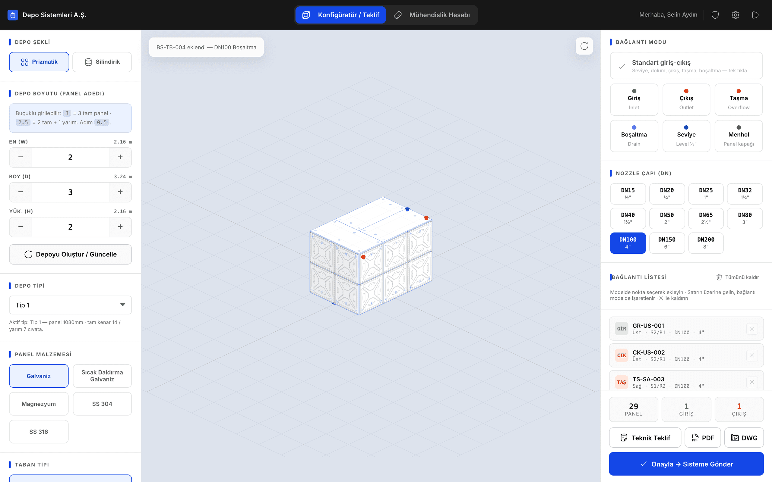 WaterForm configurator: panel counts, panel material, a 3D panel tank with placed connections, and the connection list with references