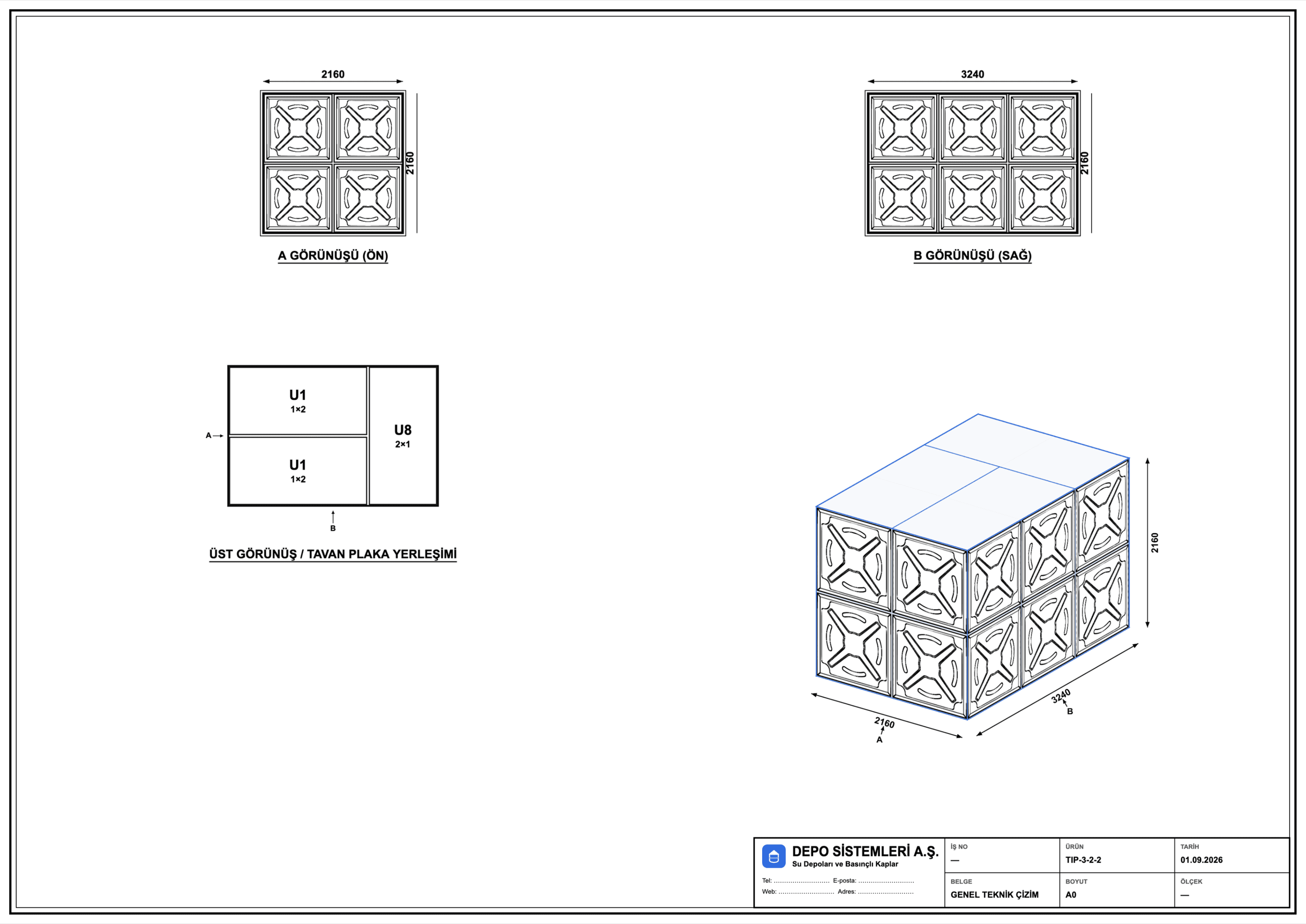An A0 technical sheet exported from WaterForm: front and side views, roof plate layout, dimensioned isometric, and a company title block