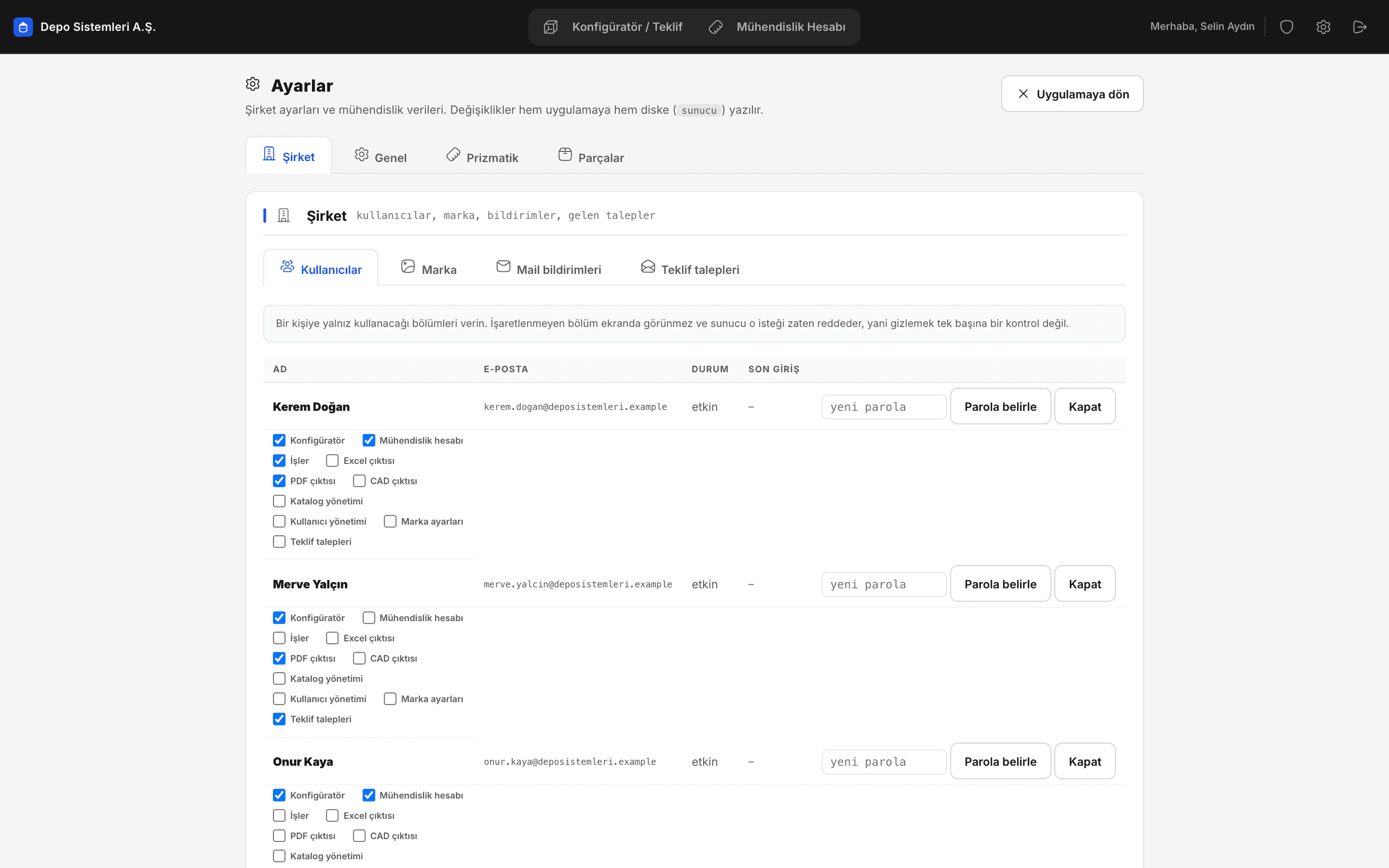 WaterForm settings: company users with their permissions, and the branding section with a logo